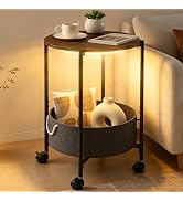 ARTETHYS Side Table with Charging Station, Small Round Coffee Table with 3 Colour LED Lights and ...