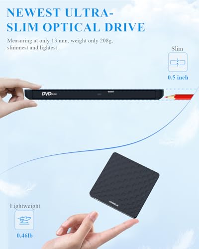 Ultra Slim 13mm DVD Player | USB 3.0 & Type-C CD DVD +/-RW Drive CD Burner Reader Writer Recorder for Desktop PC Windows 11/10/8/7 Linux Mac OS (Black)