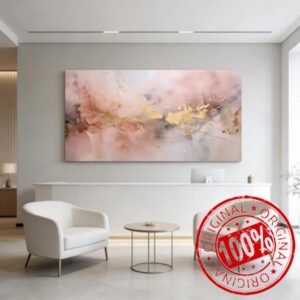 RGsixiot Canvas Wall Art Abstract Horizontal Pink Grey Gold Texture                                                          Blush Abstract Poster | Large Giclée Canvas Print | Living Room Bedroom Wall Decor(50x100cm/Frameless)