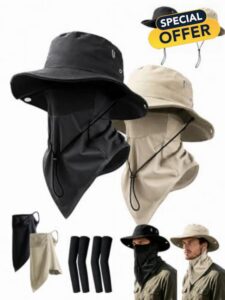 OuOnn UPF 50 Waterproof Sun Hats for Men Foldable Wide Brim Summer Mesh Breathable Safari Hat Bucket Rain Hat with Chin Strap Quick Dry Black Cold Arm Sleeve Fishing Hiking Camping