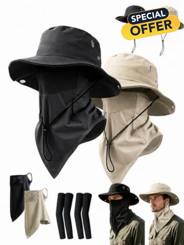 OuOnn UPF 50 Waterproof Sun Hats for Men Foldable Wide Brim Summer Mesh Breathable Safari Hat Bucket Rain Hat with Chin Strap Quick Dry Black Cold Arm Sleeve Fishing Hiking Camping