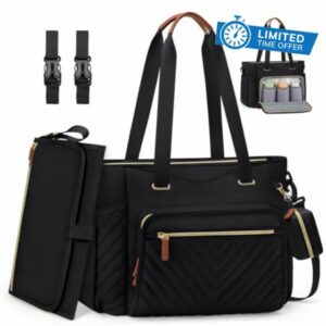RAINSMORE Baby Changing Bags Large Nappy Tote Bag with Changing Mat                                                          Convertible Baby Bag Waterproof Diaper Bag with Pacifier Holder Stroller Straps for Mom & Dad