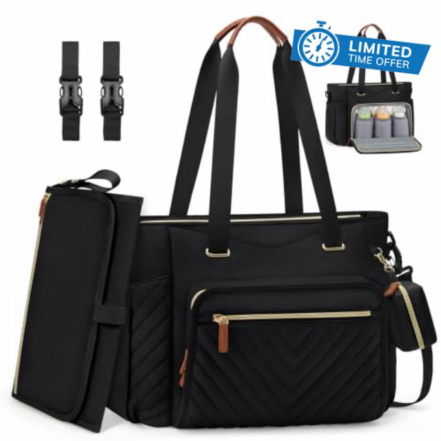 RAINSMORE Baby Changing Bags Large Nappy Tote Bag with Changing Mat                                                          Convertible Baby Bag Waterproof Diaper Bag with Pacifier Holder Stroller Straps for Mom & Dad