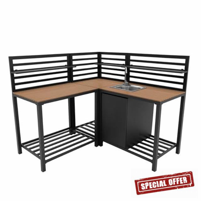 3 Piece Outdoor Kitchen Modular Configuration Corner Unit Sink & Table Aluminium Anthracite Grey & Wood Countertop Sets Steel Sink Cold Tap Adjustable Storage Shelves Cupboard Outdoor Prep Area