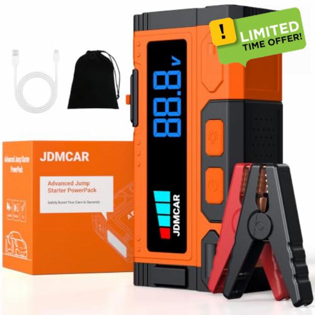 JDMCAR Jump Starter Power Pack   12V 9.0L Diesel 8.5L Petrol Moto SUV                                                          Jump leads and LED light. Overcurrent and reverse polarity protection for car