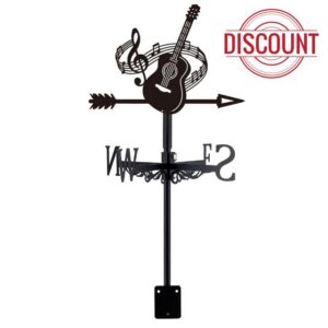 SUPERDANT Guitar Weather Vane Cast Iron Metal Weathervanes Matte Black Musical Note Roof Top Decorative Weather Vane Outdoor Garden Yard Barn Wind Direction Spinner 30.3x26.2cm
