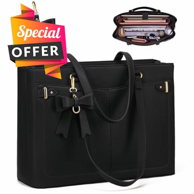 RAINSMORE Work Tote Bag for Women PU Leather Laptop Tote Office Handbag                                                          Stylish work bags for women with 15.6" laptop compartment