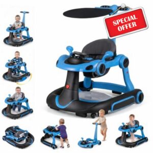 Maxmass 7 in 1 Baby Walker Folding Sit to Stand Learning Walker (Navy) | Toddler Push Along Toy with Canopy