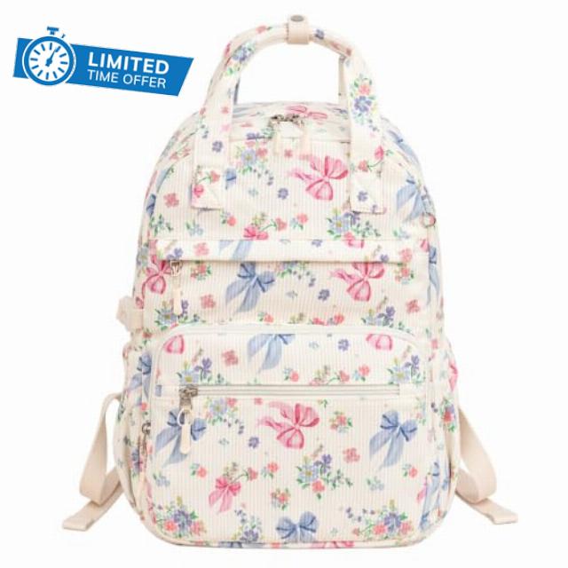 Floral Aesthetic Backpack Kawaii Travel Daypack Corduroy for Women | Floral Daypack Preppy Cute Daypack with Zipper for Travel Outings Picnics Recreational Activities