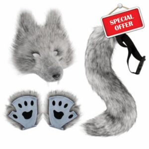 Therian Wolf Mask with Furry Tail & Knitted Paw Gloves