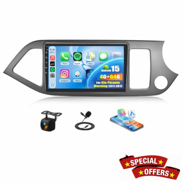 SIXTOP 4+64G Android 15 Car Radio for Kia Picanto Morning 2011-2017 Wireless Carplay Android Auto 9 Inch Touch Screen Car Stereo with Bluetooth FM RDS GPS WiFi EQ SWC Reversing Camera