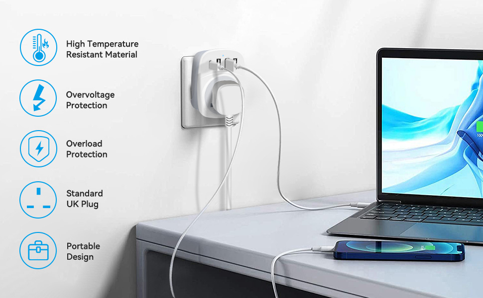 Text reads 'High Temperature Resistant Material,' 'Overcharge Protection,' 'Overload Protection,' 'Standard Charger,' 'Portable Design.' White charging device with laptop and accessories displayed.