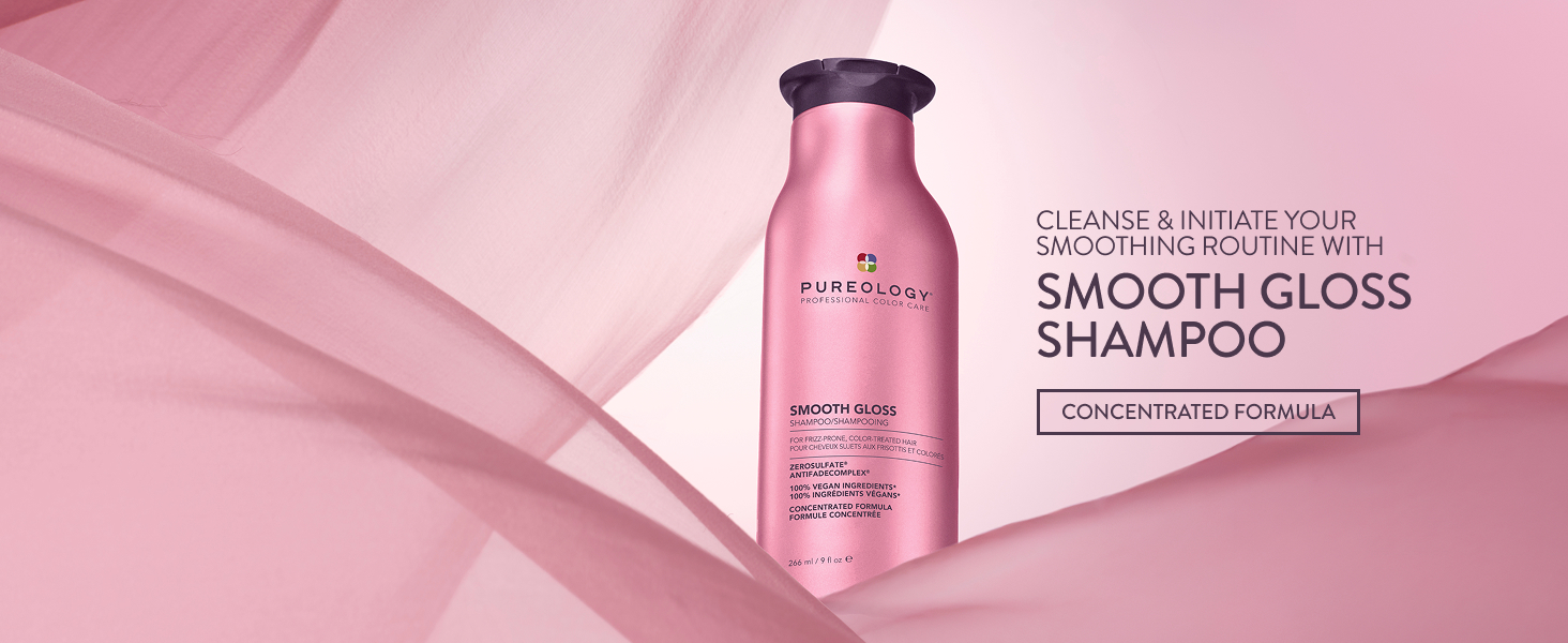 Text reads 'SMOOTH GLOSS SHAMPOO' and 'GLYKO PROTECTION'. Pink shampoo bottle displayed on draped pink fabric background. Product packaging shown with promotional text.