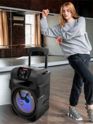 Portable speaker system advertisement with product features and technical specifications. Includes icons for Wi-Fi, microphone, Bluetooth, and USB connectivity.