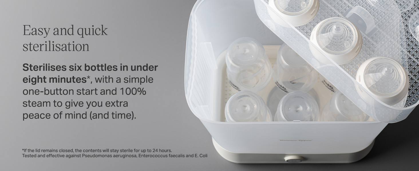 Text reads "Easy and quick sterilisation" and "Sterilises are bottles under eight minutes. Leaves no residue and 100% steam to give you extra peace of mind (and time)." Image shows sterilization equipment with container.