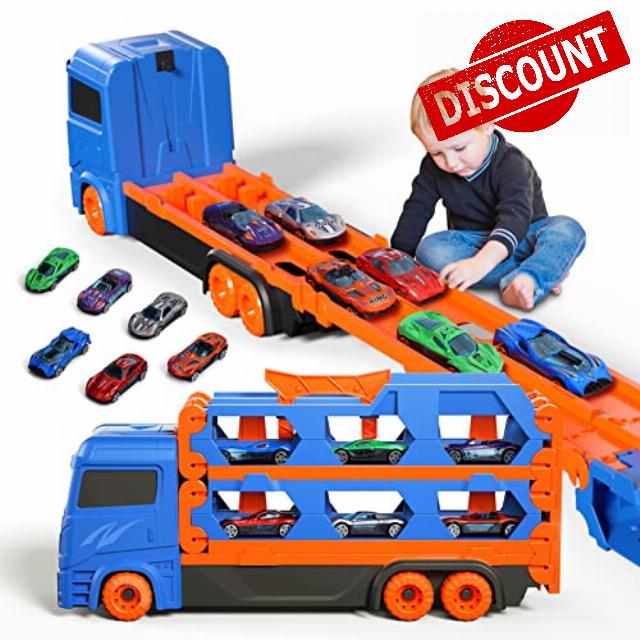 65 Inch Race Track Transport Truck with Die-Cast Cars for Kids Ages 3–12                                                          Large Storage Truck Playset
