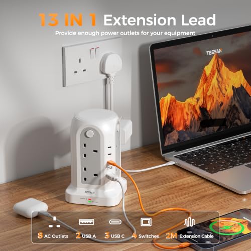 8 Way Power Strip 2M | Surge Protected Plug Tower with 4 Individual Switch