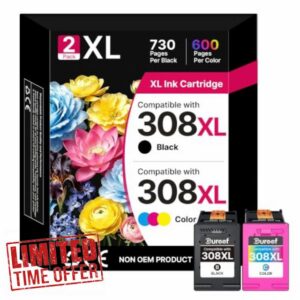 308XL 308 Ink Cartridges XL for HP 308 Ink Cartridges Black and Colour XL for HP Envy 6120e 6100e 6132e 6122e for HP Deskjet 2922 2900 2910 Printer(2-Pack Black Tri-color)