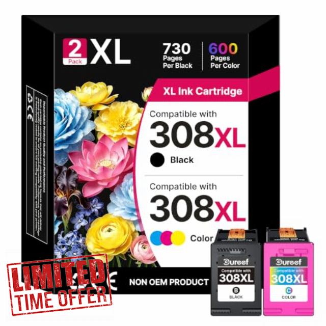 308XL 308 Ink Cartridges XL for HP 308 Ink Cartridges Black and Colour XL for HP Envy 6120e 6100e 6132e 6122e for HP Deskjet 2922 2900 2910 Printer(2-Pack Black Tri-color)