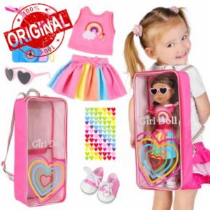 18 Inch Girl Doll Carrier Backpack Rainbow Heart Style Playset                                                          45cm Doll Accessories Collection with Bag; 18 Inch Doll Clothes and Accessories & Carrier; for Girls Gifts for 3+ Years Old