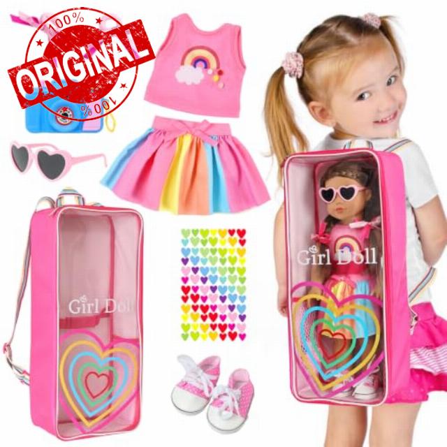 18 Inch Girl Doll Carrier Backpack Rainbow Heart Style Playset                                                          45cm Doll Accessories Collection with Bag; 18 Inch Doll Clothes and Accessories & Carrier; for Girls Gifts for 3+ Years Old