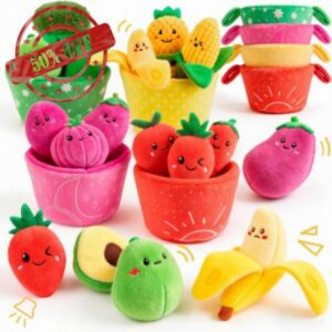 SAIMAND Baby Sensory Toys 6-9-12 Months – Plush Fruit & Veg Sorting Toy                                                          16PCS Montessori Play Food with 4 Color Baskets