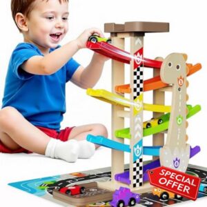 Wooden Car Ramp Set for Toddlers 1-3 Years Old Montessori Race Track Toy with 8 Mini Cars