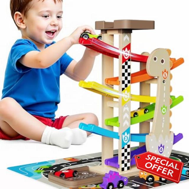 Wooden Car Ramp Set for Toddlers 1-3 Years Old Montessori Race Track Toy with 8 Mini Cars