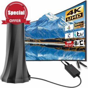 Indoor TV Aerial – Freeview Digital Antenna with Built-In 4G-Filter Signal Booster