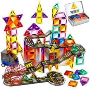 GAGAKU 63PCS Mini Magnetic Tiles Road Set with Car & Metal Storage Box - Travel Magnet Building Blocks for Kids Toddlers Age 3+ STEM Educational Construction Toy Compatible with Standard Tiles