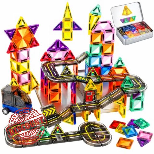 GAGAKU 63PCS Mini Magnetic Tiles Road Set with Car & Metal Storage Box - Travel Magnet Building Blocks for Kids Toddlers Age 3+ STEM Educational Construction Toy Compatible with Standard Tiles