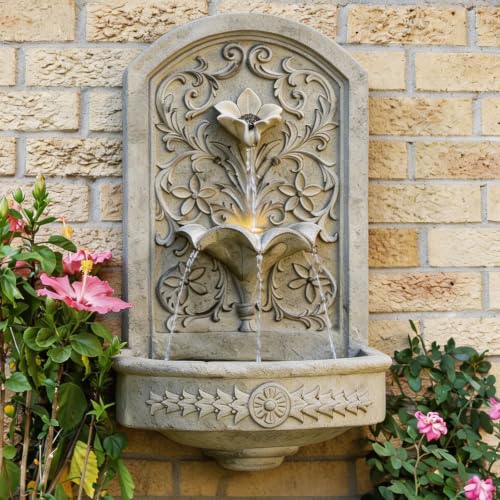 Vintage Carved Wall Waterfall with LED Lights and Electric Pump for Gardens