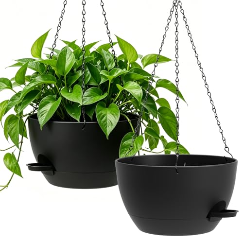 2 Pack Hanging Planters                                                          Plastic Hanging Flower Plant Pots Indoor Outdoor with Drainage Holes & Removable Reservoir