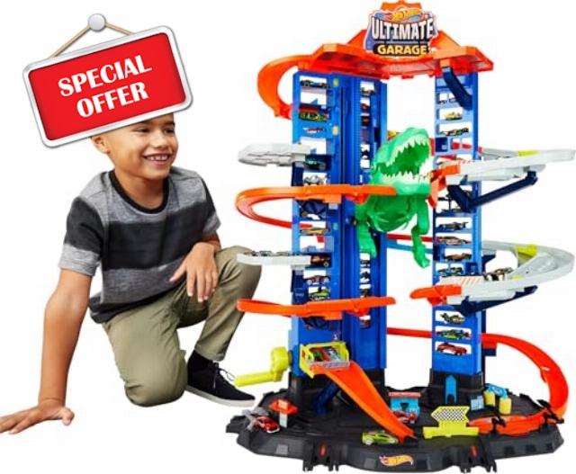 Hot Wheels Ultimate Garage Playset & 2 Cars​​​​                                                          Track Set features Robo T-Rex Dinosaur