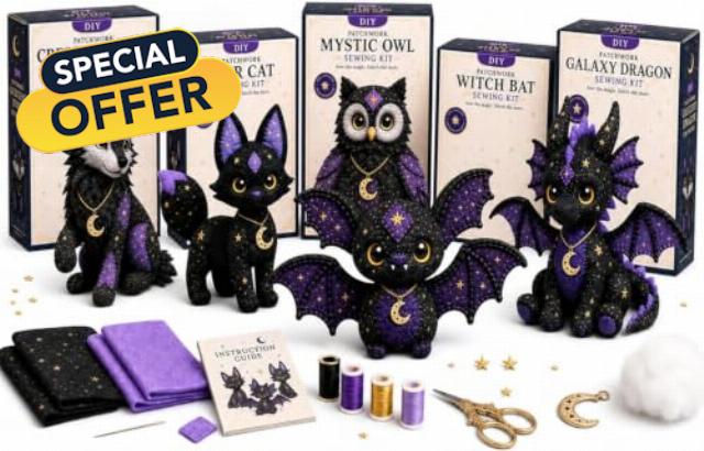 Mystic Patchwork Animal Sewing Kit DIY Plush Craft Kit (5 Pcs) | Halloween Sewing Gift DIY Plush Craft Kit with Sewing Supplies