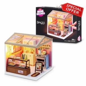 Mini Brands Mini Spaces Bakers Haven By ZURU                                                          DIY Mini Spaces build & customize kit; light-up miniature bakery scene; display Mini Brands miniatures and figures; gif