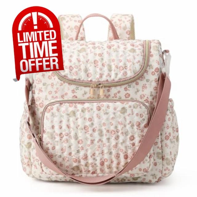 Floral Nappy Changing Bag Backpack Cotton Quilted Diaper Rucksack for Mums Baby Travel Backpack with Stroller Strap