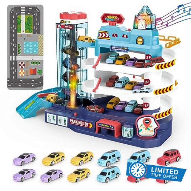 deAO 3-Level Parking Garage Toy & Working Elevator