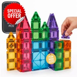 Playmags Mini Magnetic Tiles for Kids 100-Piece Set | Travel Magnetic Blocks | STEM Sensory Educational Toys | Portable Toddler Building Toys | Gift for Boys & Girls Ages 3