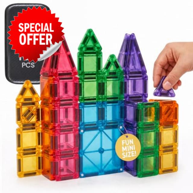 Playmags Mini Magnetic Tiles for Kids 100-Piece Set | Travel Magnetic Blocks | STEM Sensory Educational Toys | Portable Toddler Building Toys | Gift for Boys & Girls Ages 3