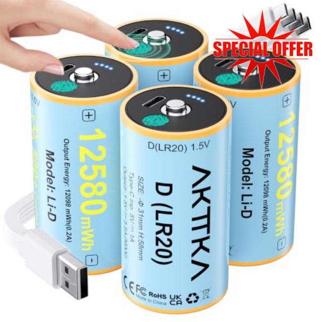 4 Pack Rechargeable D Batteries