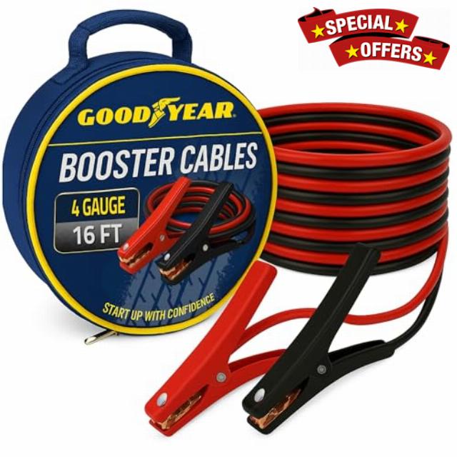 Goodyear Heavy Duty Jumper Cables for Car Battery – 4 Gauge 16 ft Booster Cables with Carrying Case for Cars