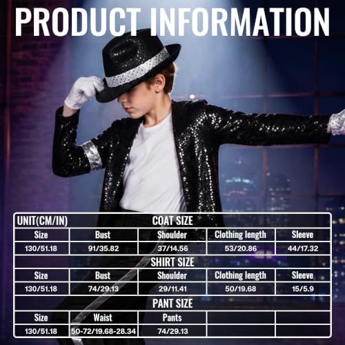 Michael Sequin Costume Kids with Sequin Jacket Striped Pants Hat Sunglasses Gloves T-Shirt