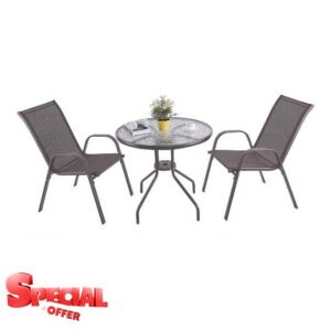 URBNLIVING 3 Piece Garden Bistro Set Round Glass Top Table & 2 Textilene Chairs Outdoor Patio Balcony Furniture Weather Resistant Metal Seating - Brow