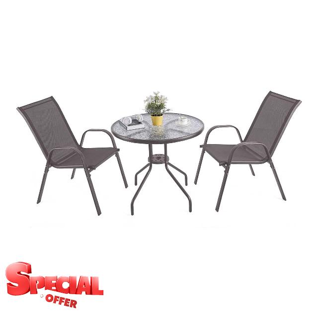 URBNLIVING 3 Piece Garden Bistro Set Round Glass Top Table & 2 Textilene Chairs Outdoor Patio Balcony Furniture Weather Resistant Metal Seating - Brow