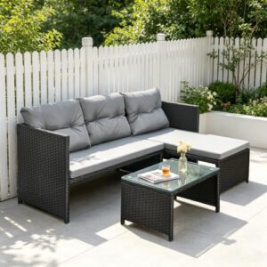 Black | Water-repellent cushions | All-weather PE wicker | Reversible chaise lounge | Easy-clean glass table | UK weather ready