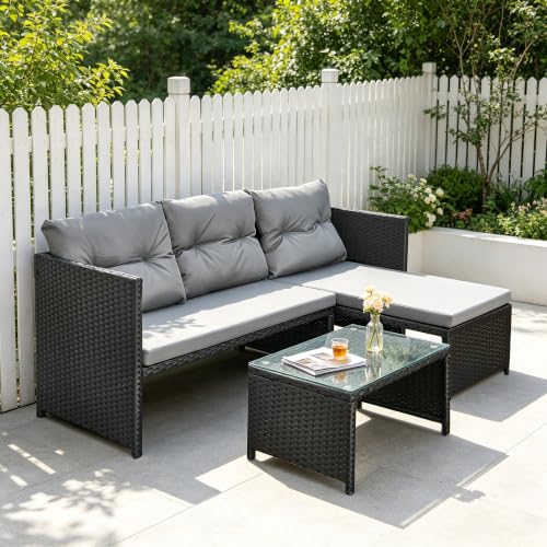 Black | Water-repellent cushions | All-weather PE wicker | Reversible chaise lounge | Easy-clean glass table | UK weather ready