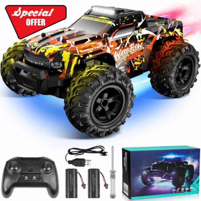 BAZADER Remote Control Cars RC Truck 1:18 RC Car with LED Light 2.4GHz All Terrain Off Road Truck Toys - High Speed 25KMH+ with Spray 60 Mins Playtime Fast Racing Toy for Kids Adults                                                          2.4GHz 1:18 All Terrain Off Road Truck Toys with LED 60 Mins Playtime with 2 Rechargeable Batteries Fast Toy for Kids Adults