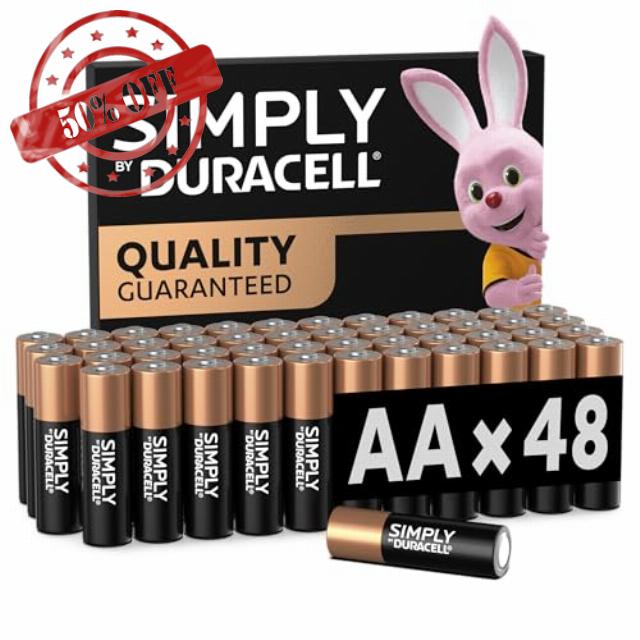 DURACELL Simply AA Batteries (48 Pack) - Alkaline Double A Battery 1.5V - Quality Guaranteed - Everyday Device - Plastic-Free Packaging