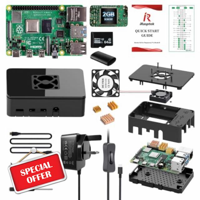 iRasptek Starter Kit for Raspberry Pi 4B 2GB RAM - 64GB SD Card Editio